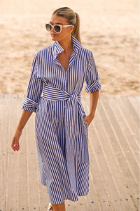 The Luna Oversized Long Shirtdress - Blue/White Stripe
