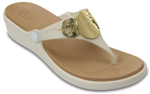 CROCS Sanrah Embellished Wedge Flip | Oyster/Gold