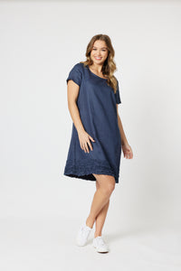 Ruffle Hem Linen Dress - Marine