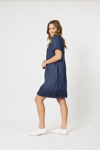 Ruffle Hem Linen Dress - Marine