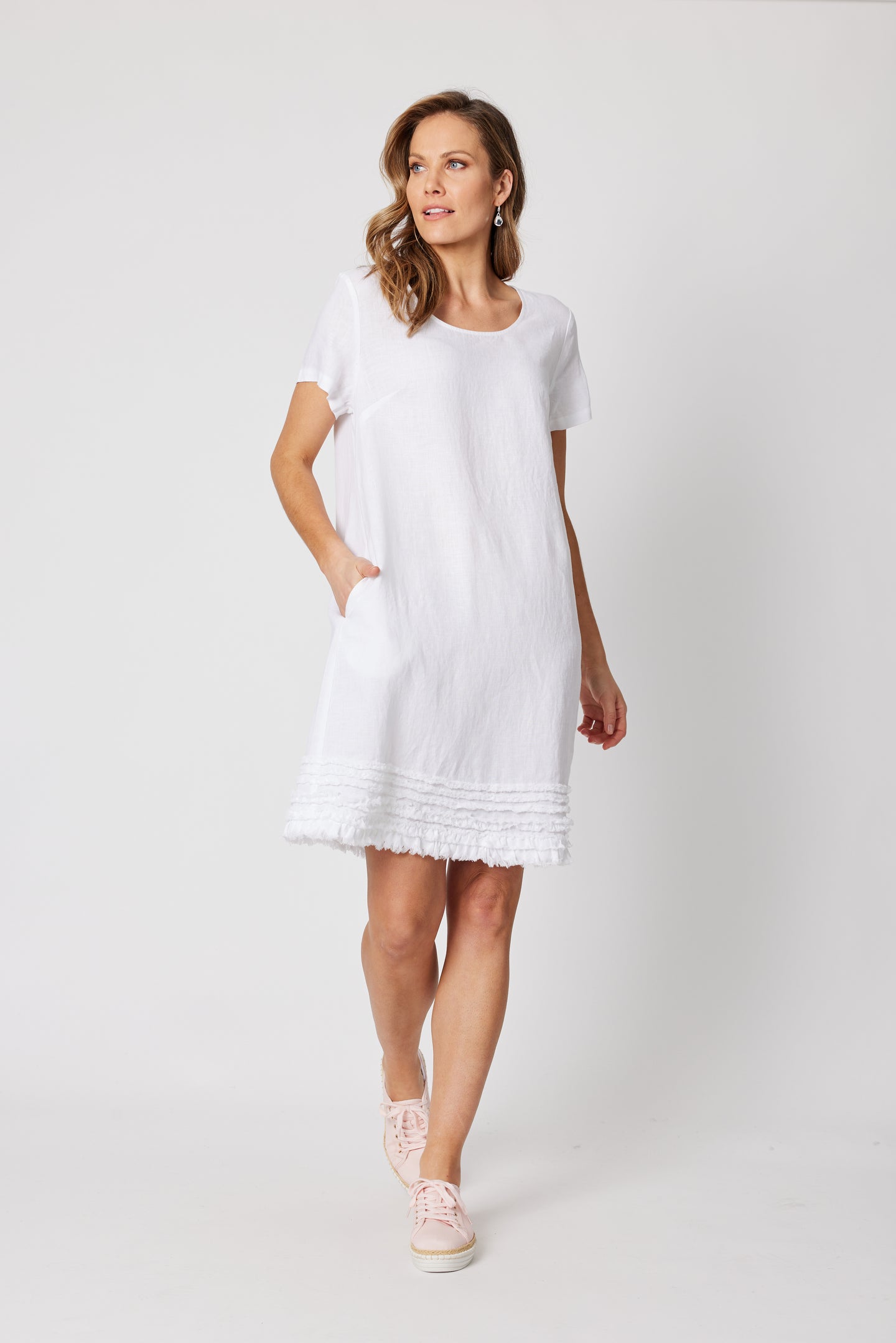 Ruffle Hem Linen Dress - White