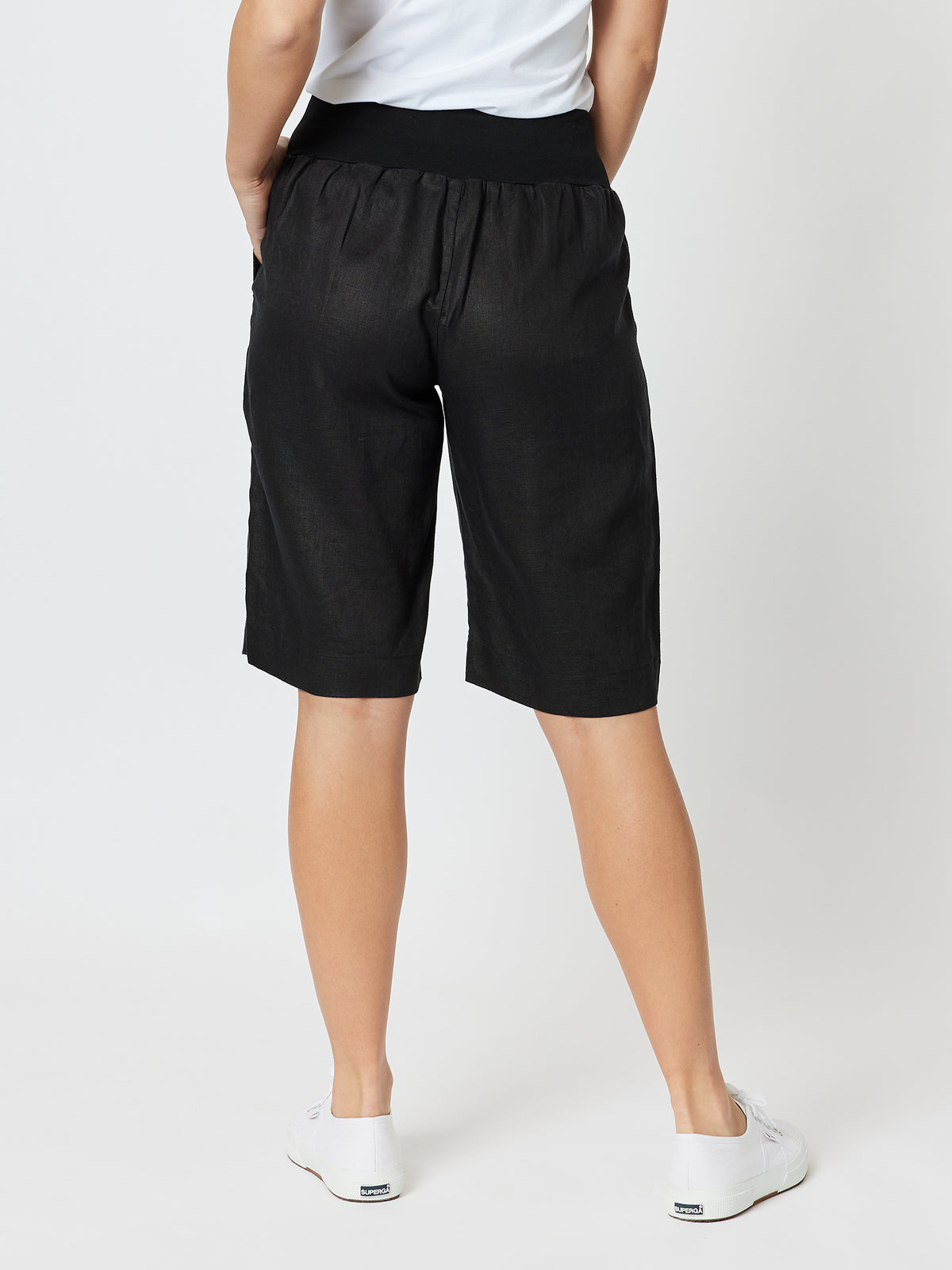 Ribbed Waist Linen Short - Black