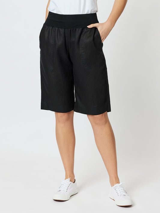 Ribbed Waist Linen Short - Black