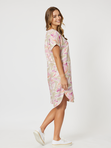 Palm Print Linen Dress - Natural