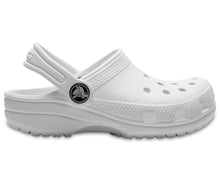 Load image into Gallery viewer, A white Crocs Classic Clog for kids with ventilation holes and a pivoting heel strap.