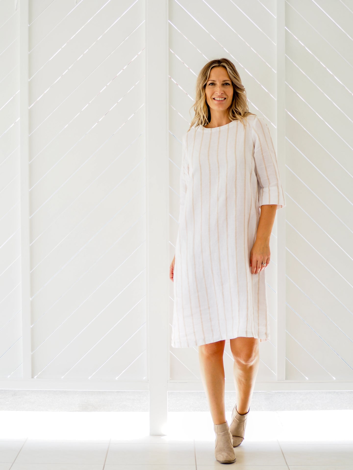 Moira Shift Dress | Cream Caramel Stripe Linen