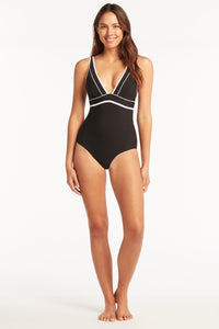 Elite Panelled Long Line One Piece - Black